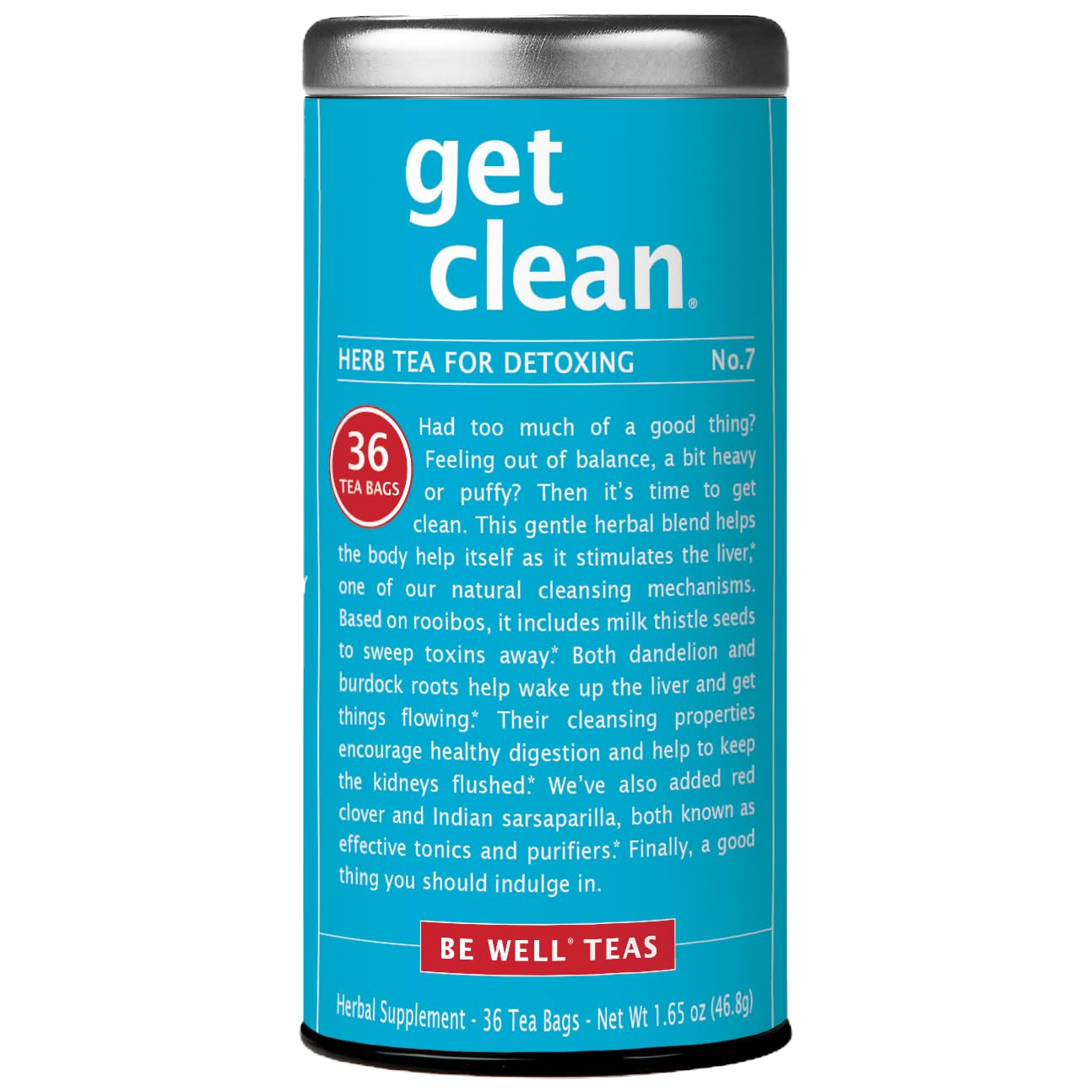 Get Clean Herb Tea for Detoxing canister, 36 tea bags, Be Well Teas.