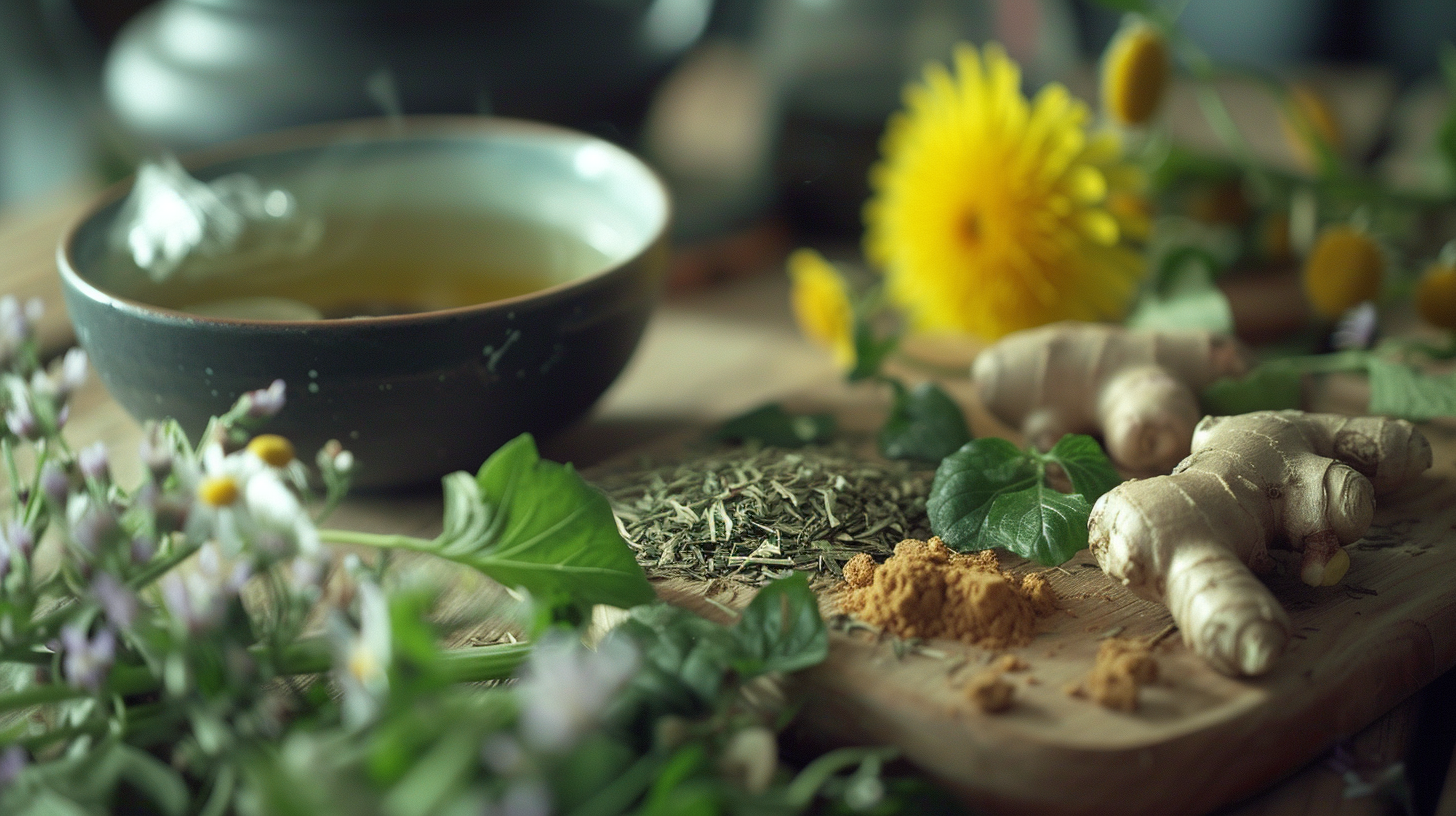 Herbal tea with ginger, turmeric, and fresh flowers on a wooden table.
