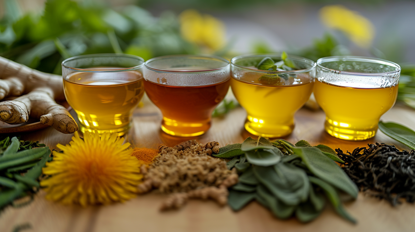 Four cups of herbal tea with ginger, dandelion, sage, and turmeric on a wooden table.