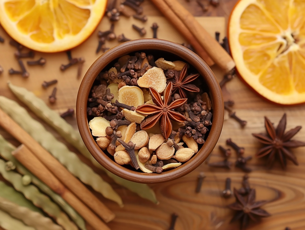 Spices and dried orange slices on a wooden surface, featuring star anise, cloves, and cinnamon sticks.