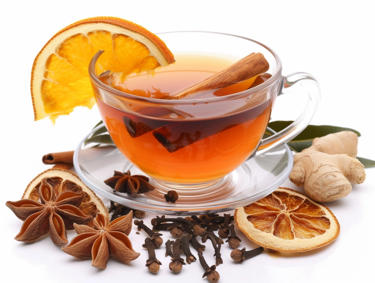 Glass cup of spiced tea with orange slice, cinnamon stick, star anise, cloves, and ginger.