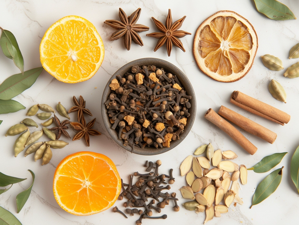 Assorted spices and dried citrus slices on a marble surface, including cloves, star anise, and cinnamon sticks.