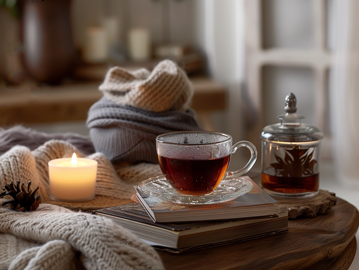 Cozy setting with a cup of tea, candle, and knitwear on a wooden table.