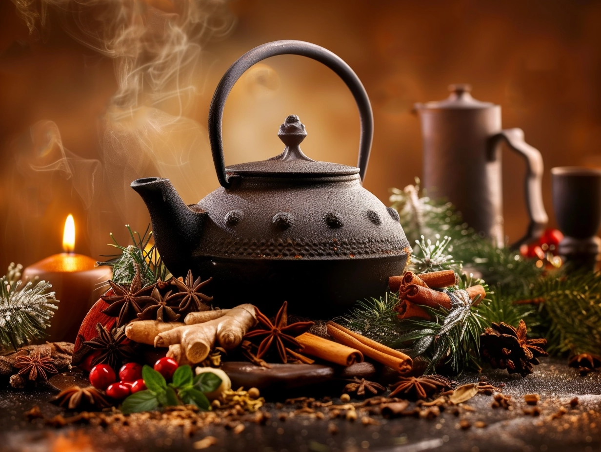 Steaming black teapot surrounded by cinnamon sticks, star anise, and festive greenery.