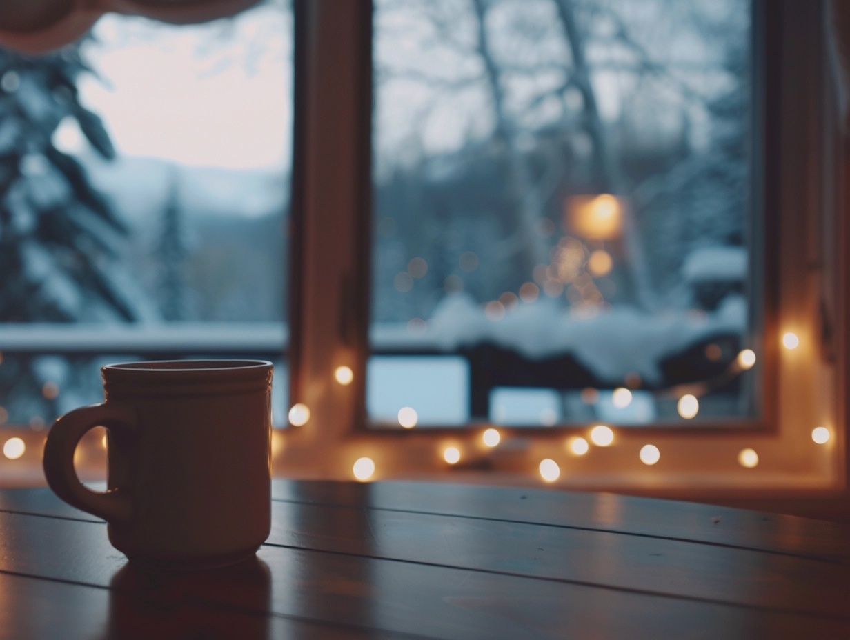 Mug on wooden table, fairy lights, snowy window view in cozy setting.
