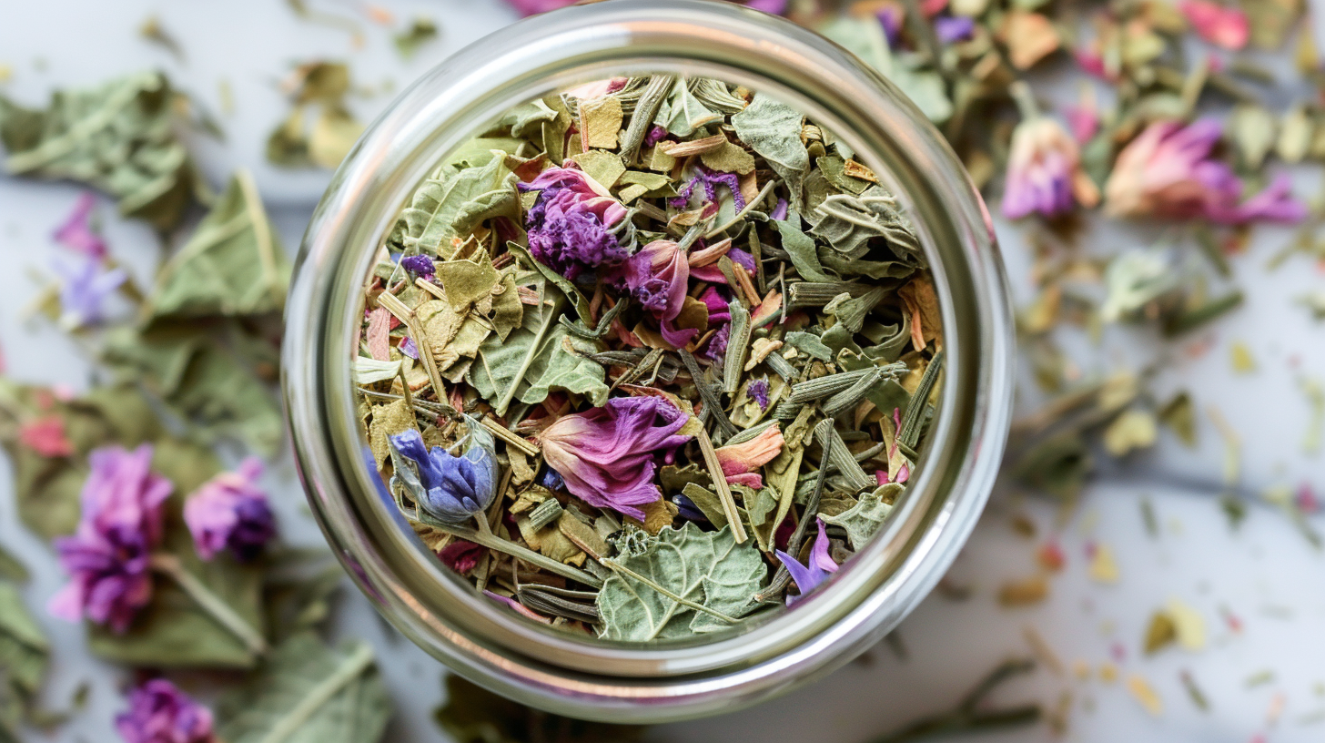Jar of colorful dried herbal tea leaves and flowers.
