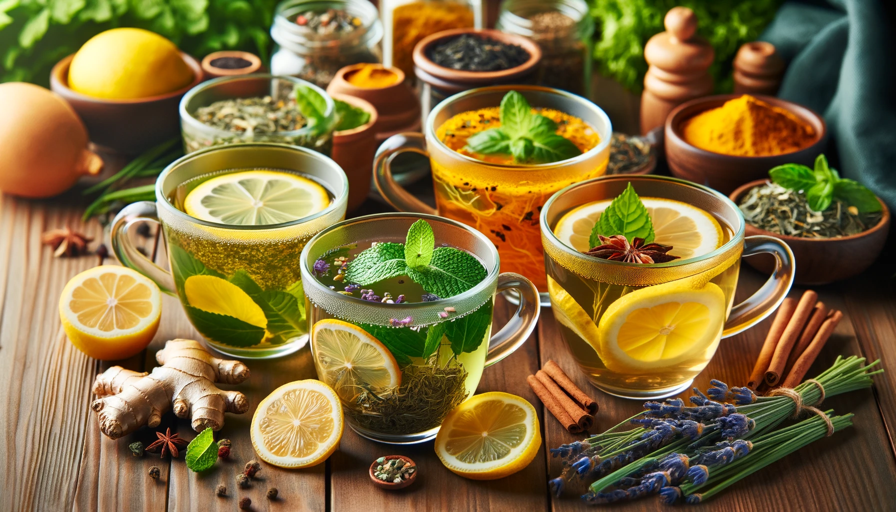 Assorted herbal teas with lemon, mint, and spices on a wooden table.