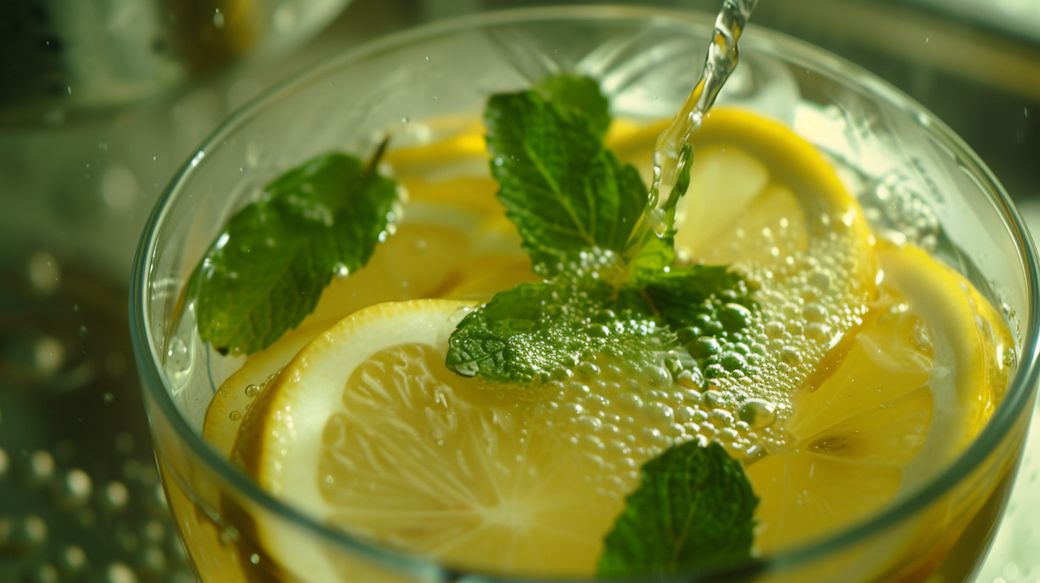 Pouring tea over lemon slices and mint leaves in a glass.