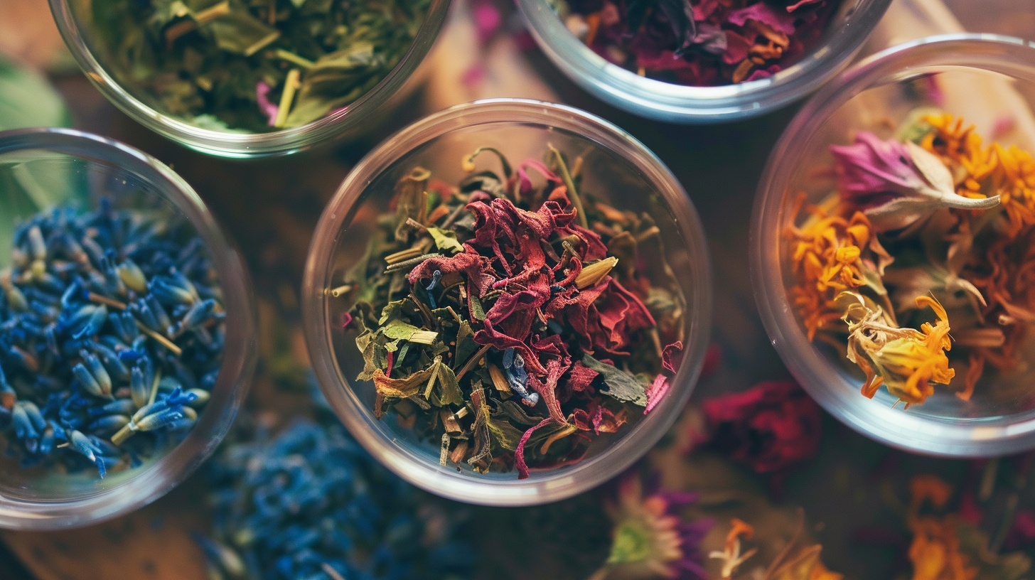 Assorted dried herbs and flowers in glass bowls, including blue, green, red, and yellow hues.