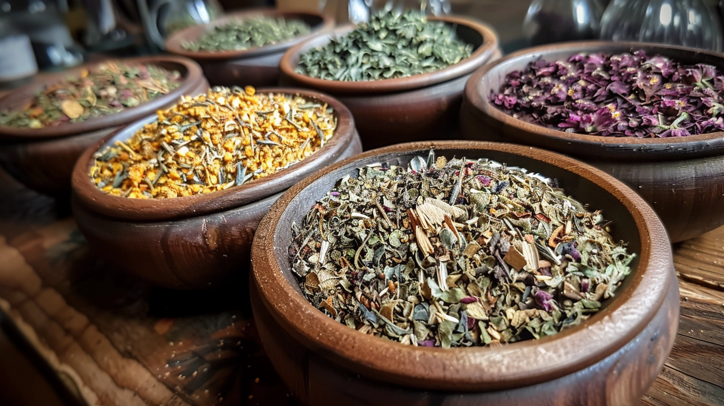 Assorted dried herbs and flowers in wooden bowls on a rustic table.
