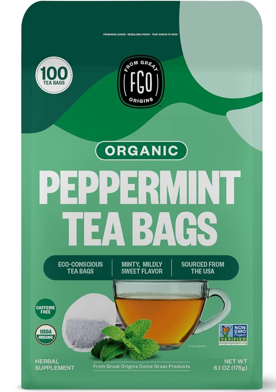 Organic peppermint tea bags package with eco-conscious labels, 100 count.