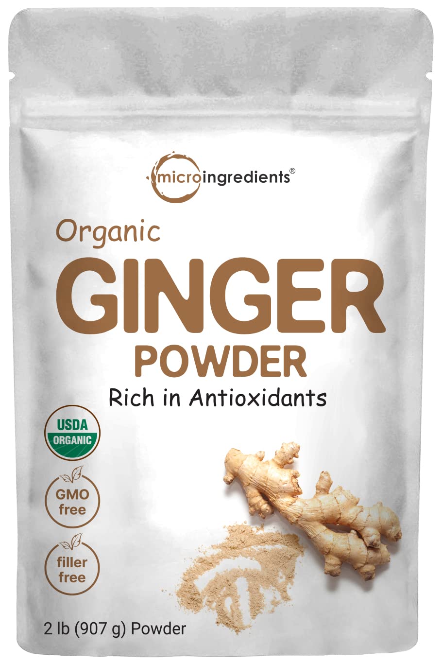 Organic ginger powder package, labeled rich in antioxidants, 2 lb, GMO and filler free.