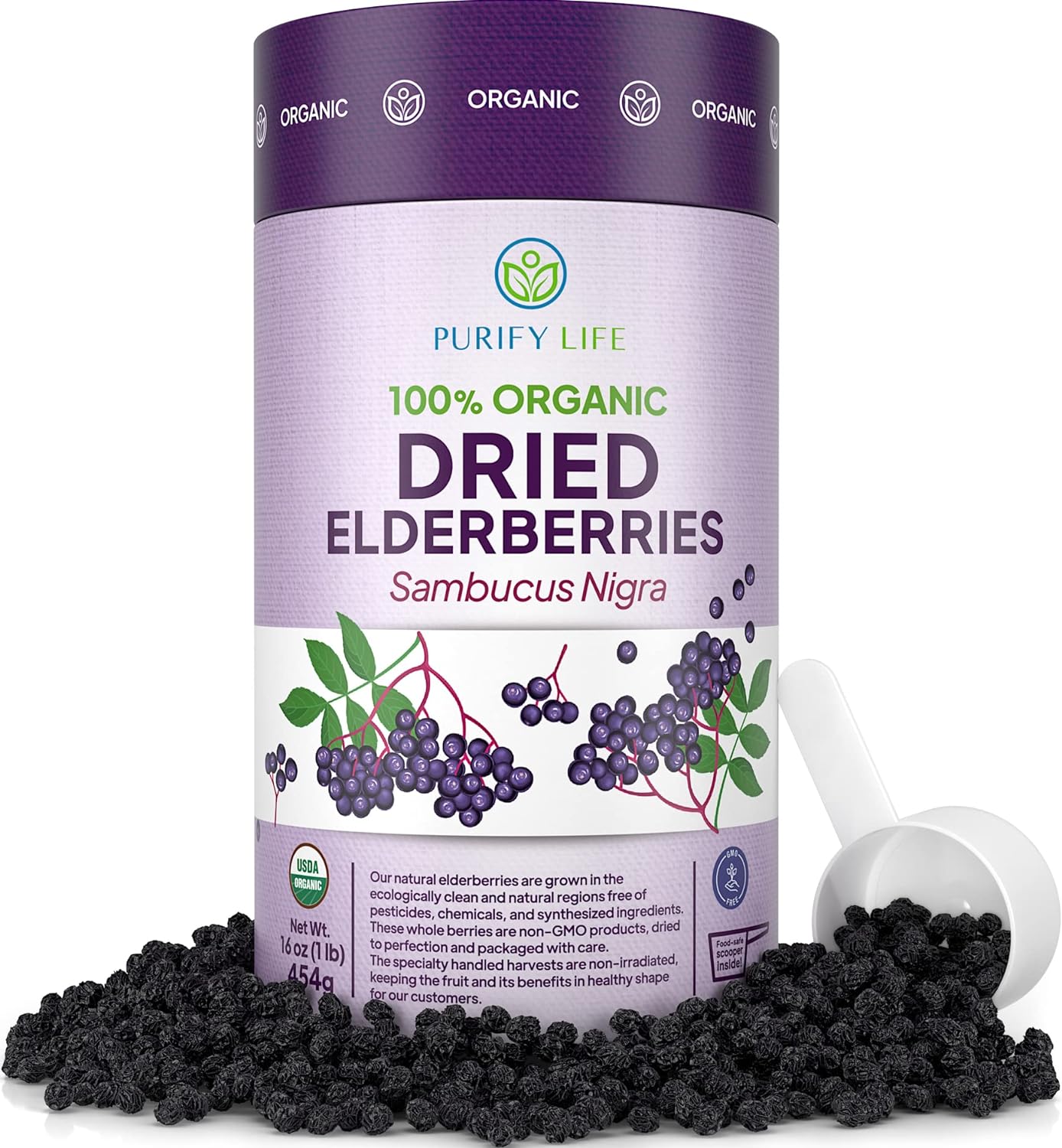Purple container of 100% organic dried elderberries with scattered berries and a scoop.