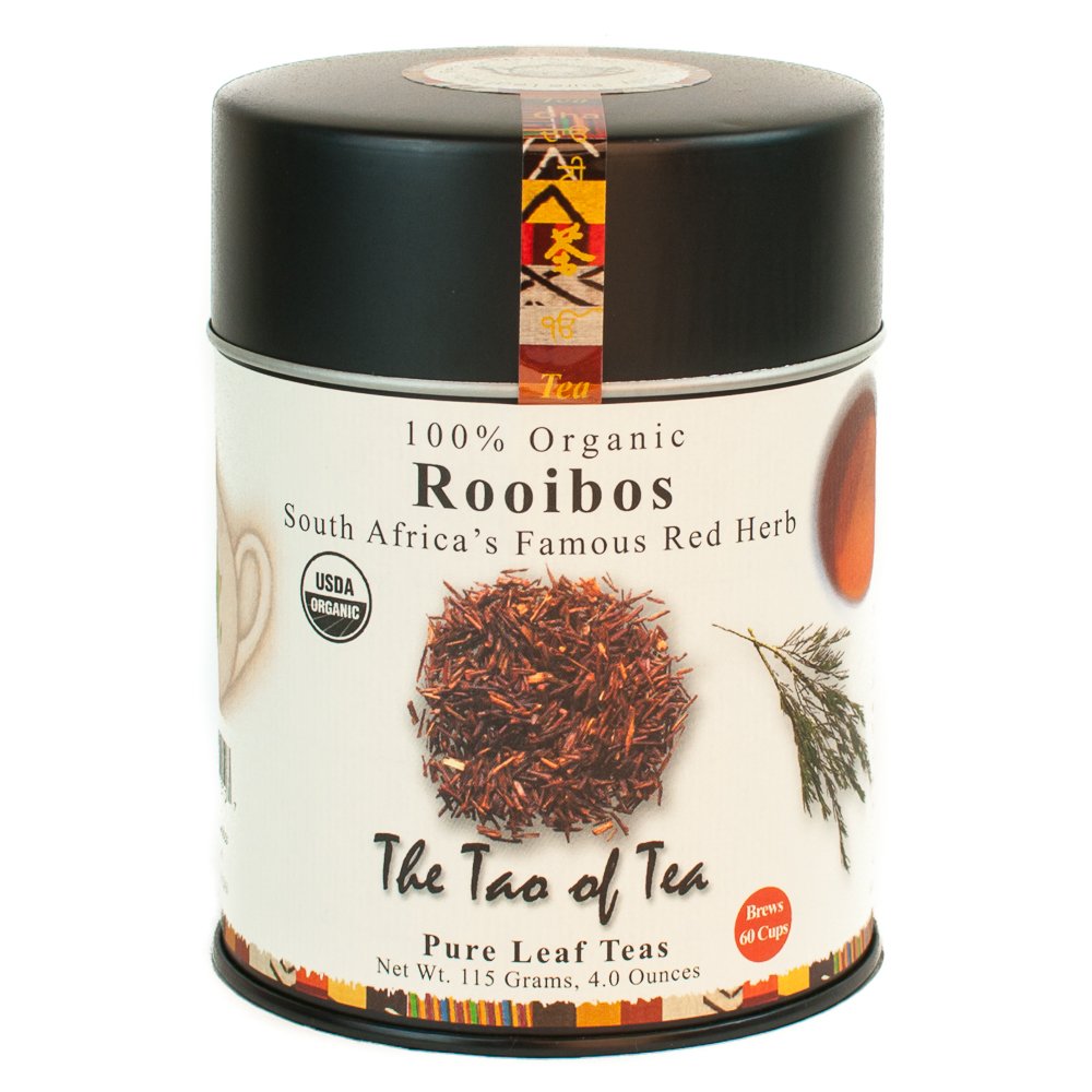 Rooibos tea tin, 100% organic, 115g, featuring red herb image and USDA organic seal.