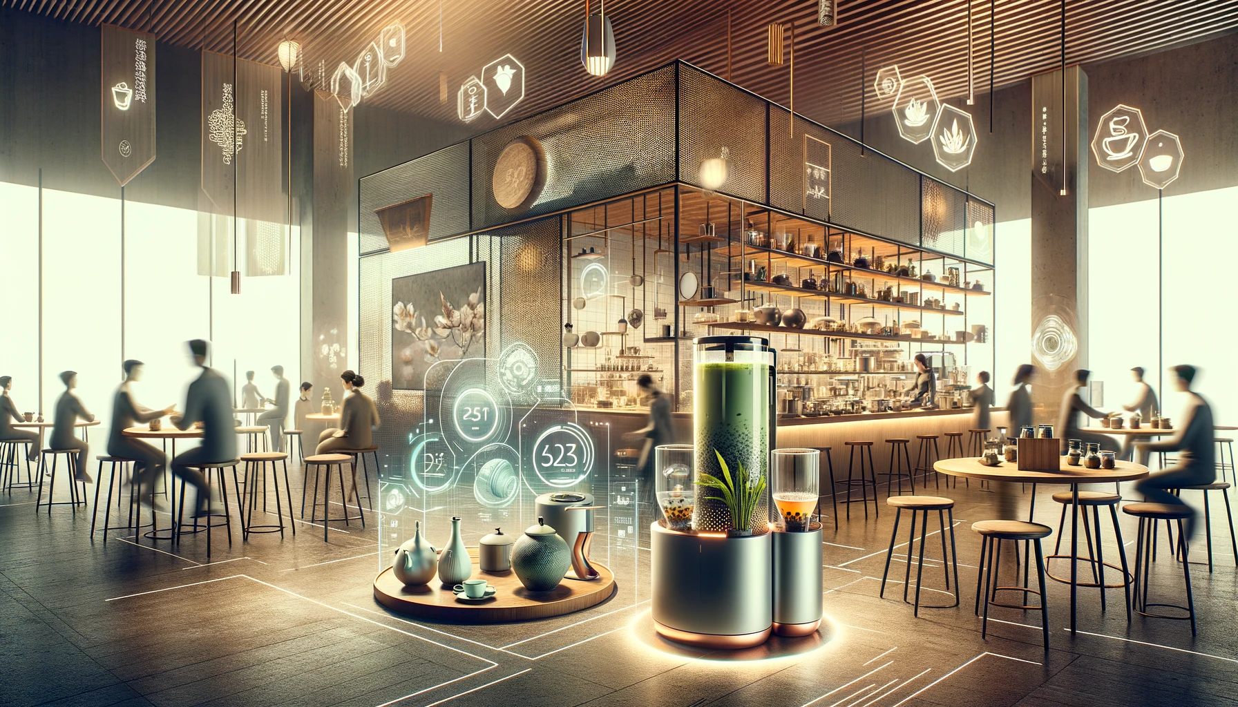 Futuristic tea café with holographic menus and tea brewing station.