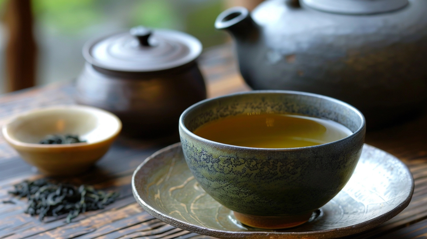 A steaming cup of green tea on a wooden table with a teapot and tea leaves.