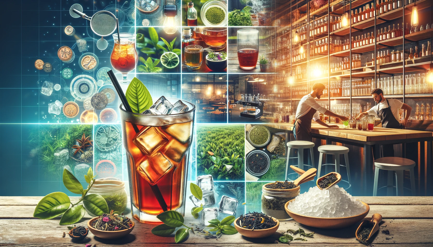 Iced tea with herbs and spices, bar scene, digital elements, and tea leaves.