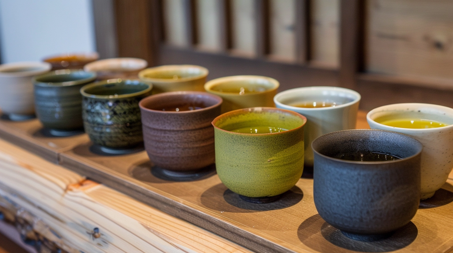 A row of ceramic cups filled with different types of tea on a wooden tray.