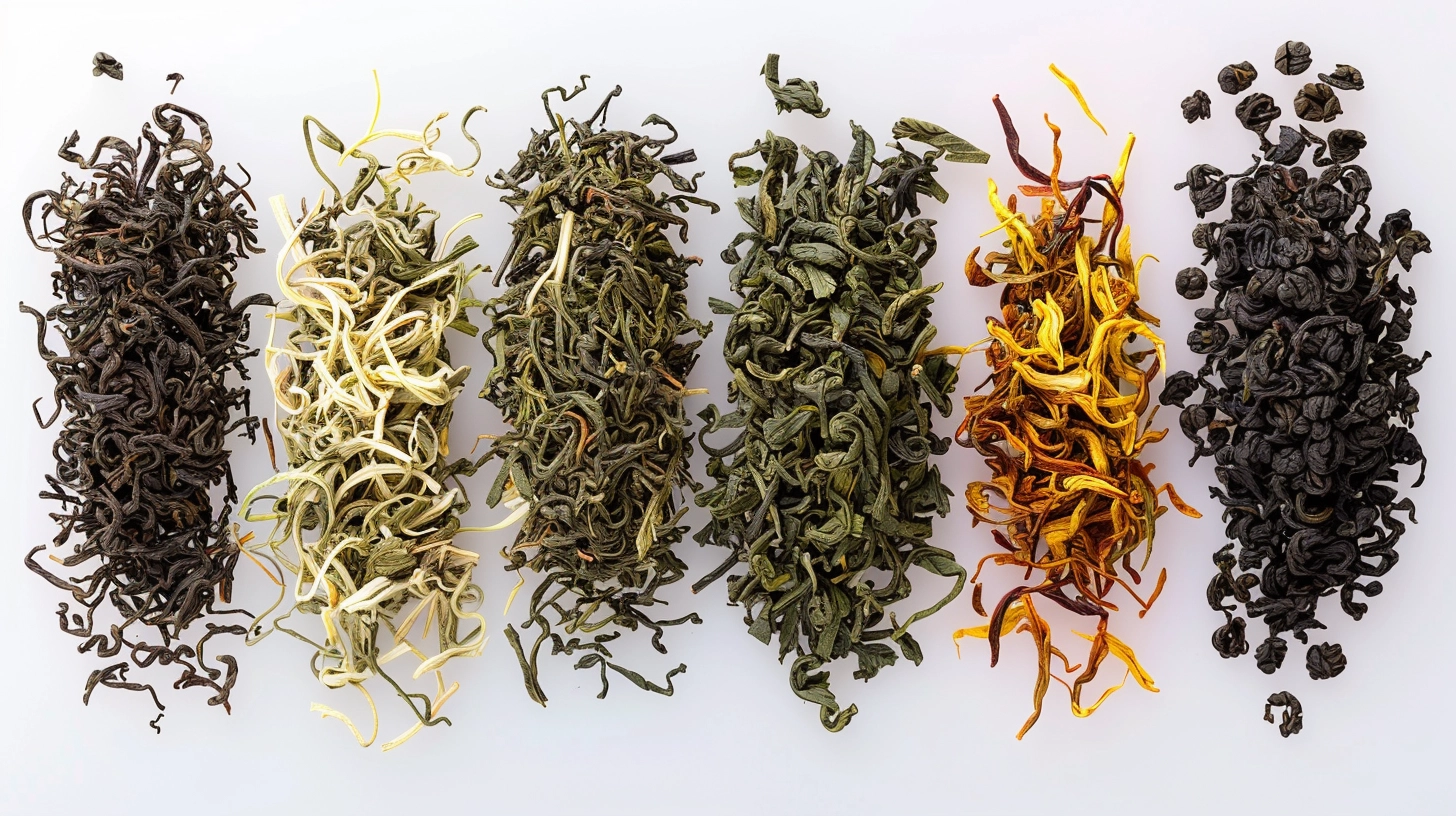 Six varieties of loose leaf tea in a row, showcasing different colors and textures.