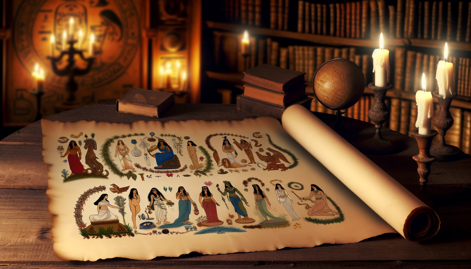 Ancient scroll with illustrations of women, candles, globe, and books in a dimly lit library.