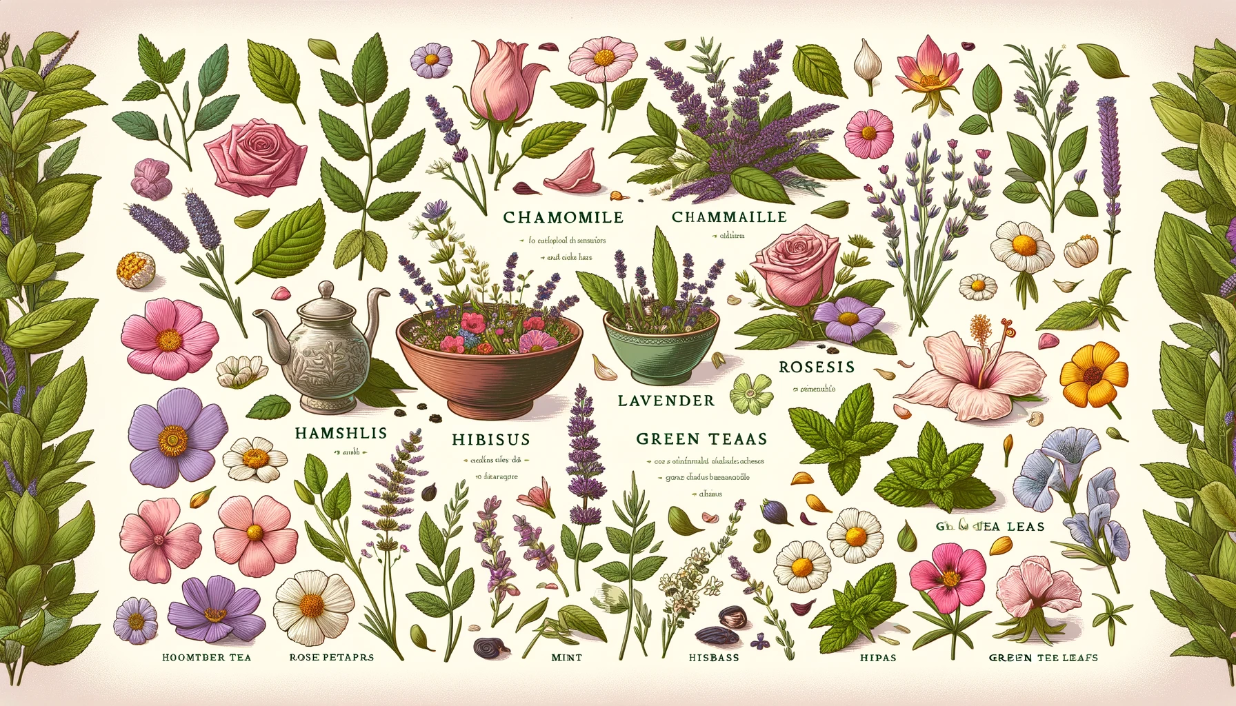 Illustrated herbal tea ingredients with chamomile, lavender, hibiscus, and green tea leaves.