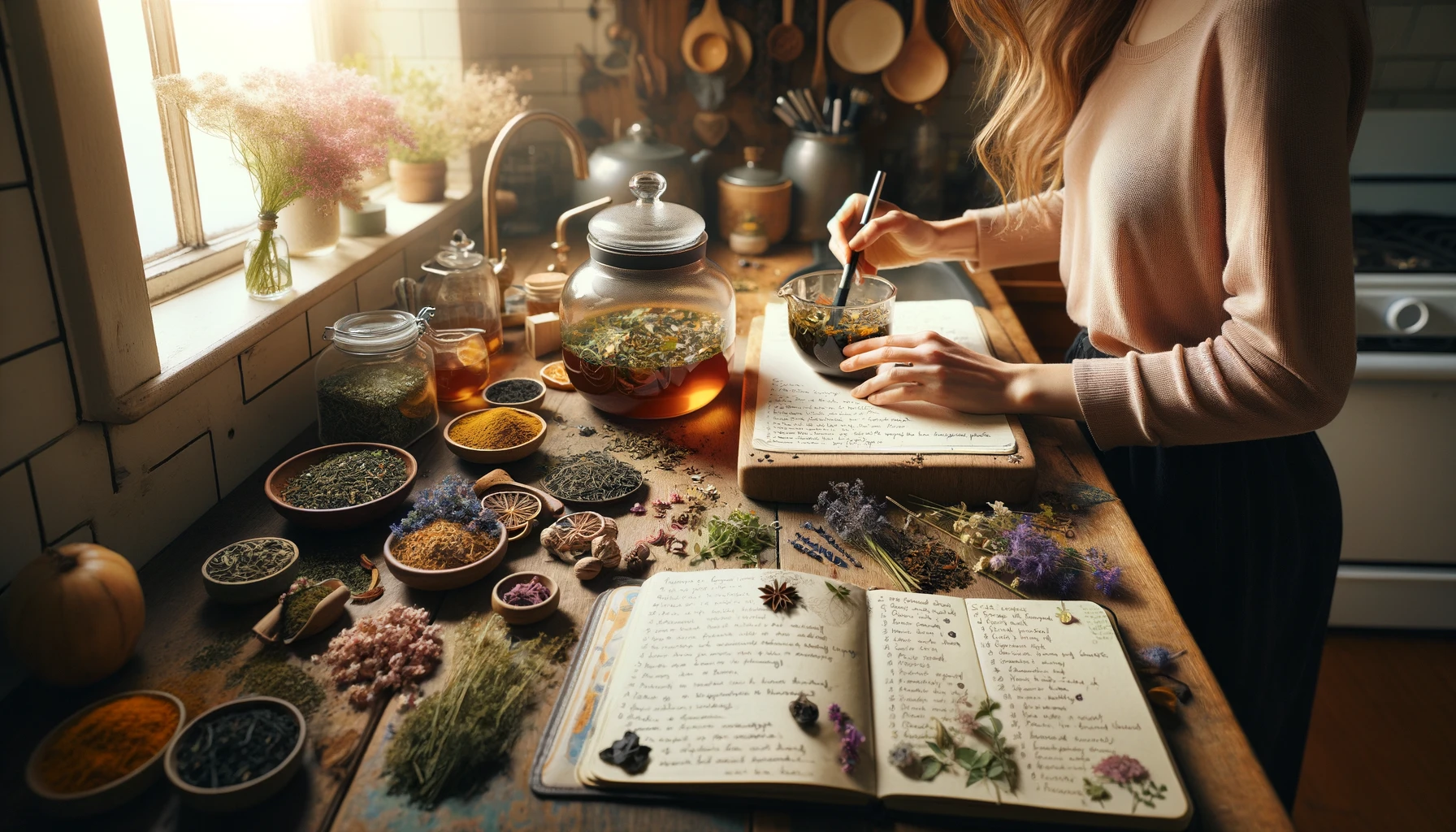 Woman preparing herbal tea in a cozy kitchen with jars of herbs and an open recipe book.