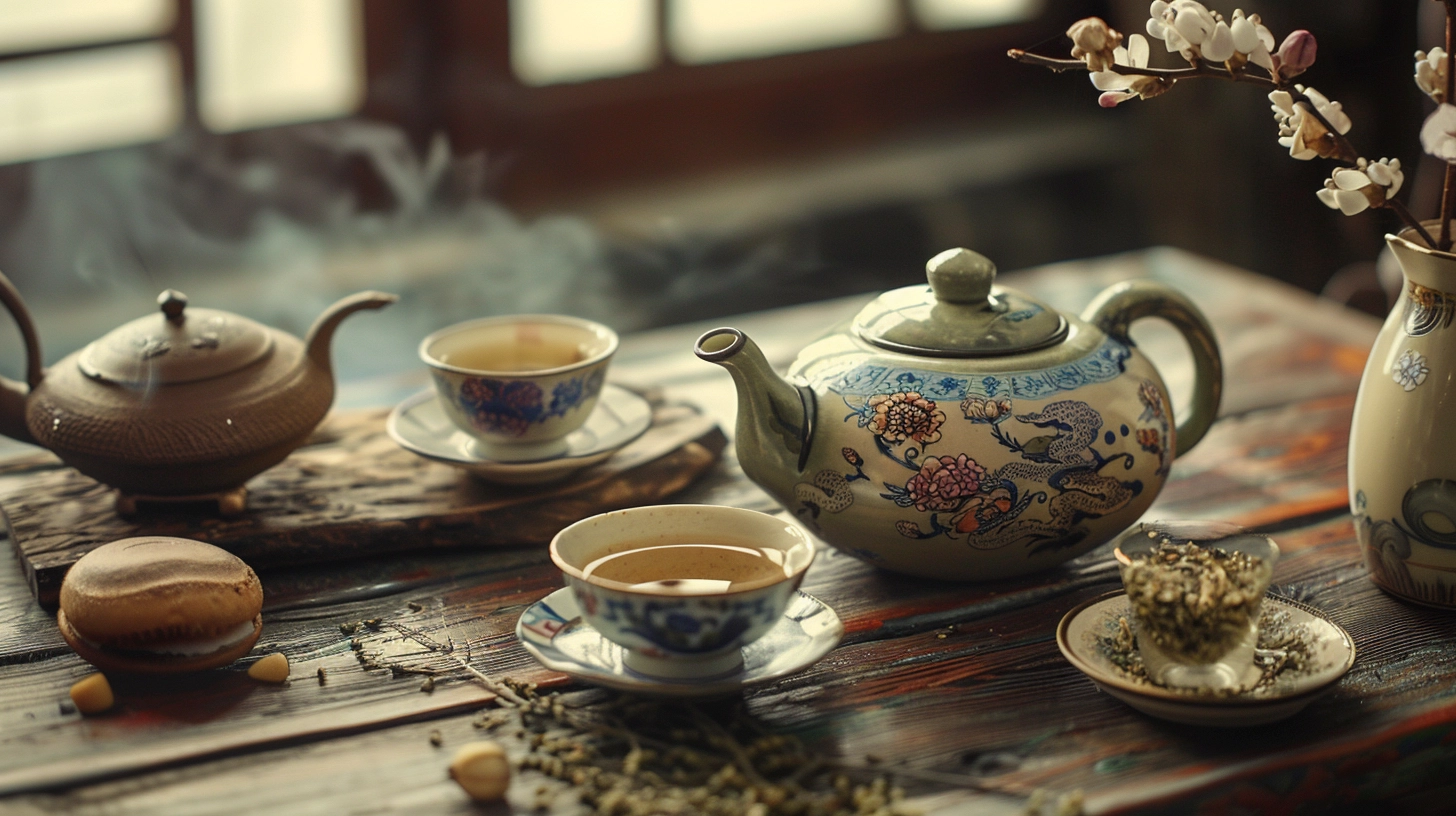Steaming teapots and cups on a wooden table with flowers and herbs.