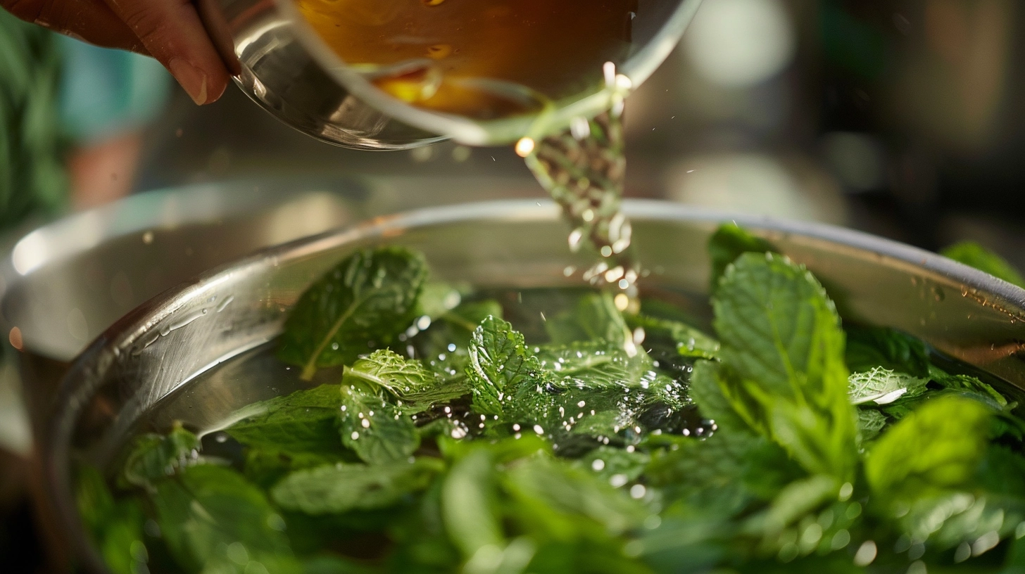 Pouring tea over fresh mint leaves in a metal bowl.