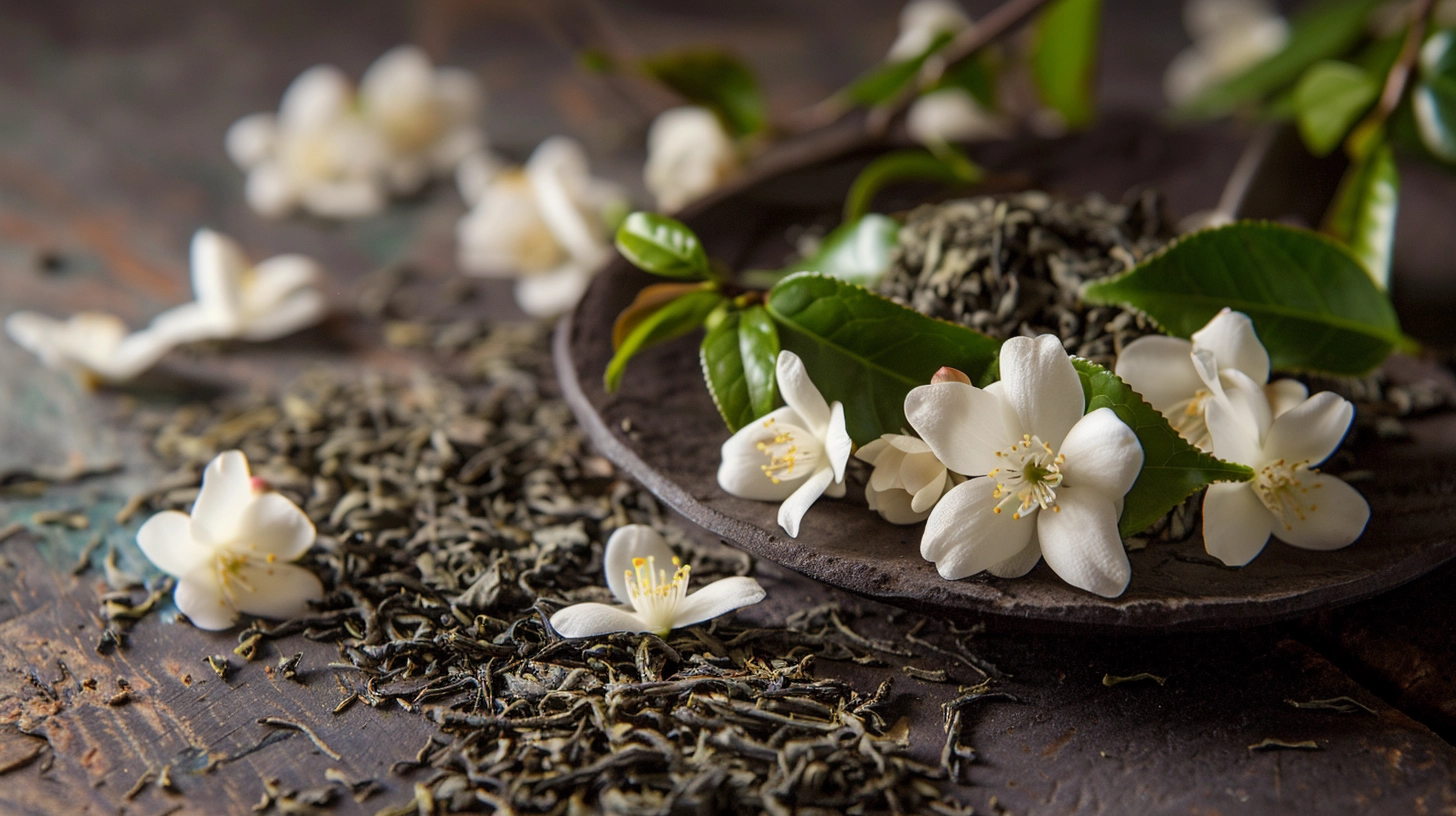 Jasmine flowers and loose green tea leaves on a rustic surface.