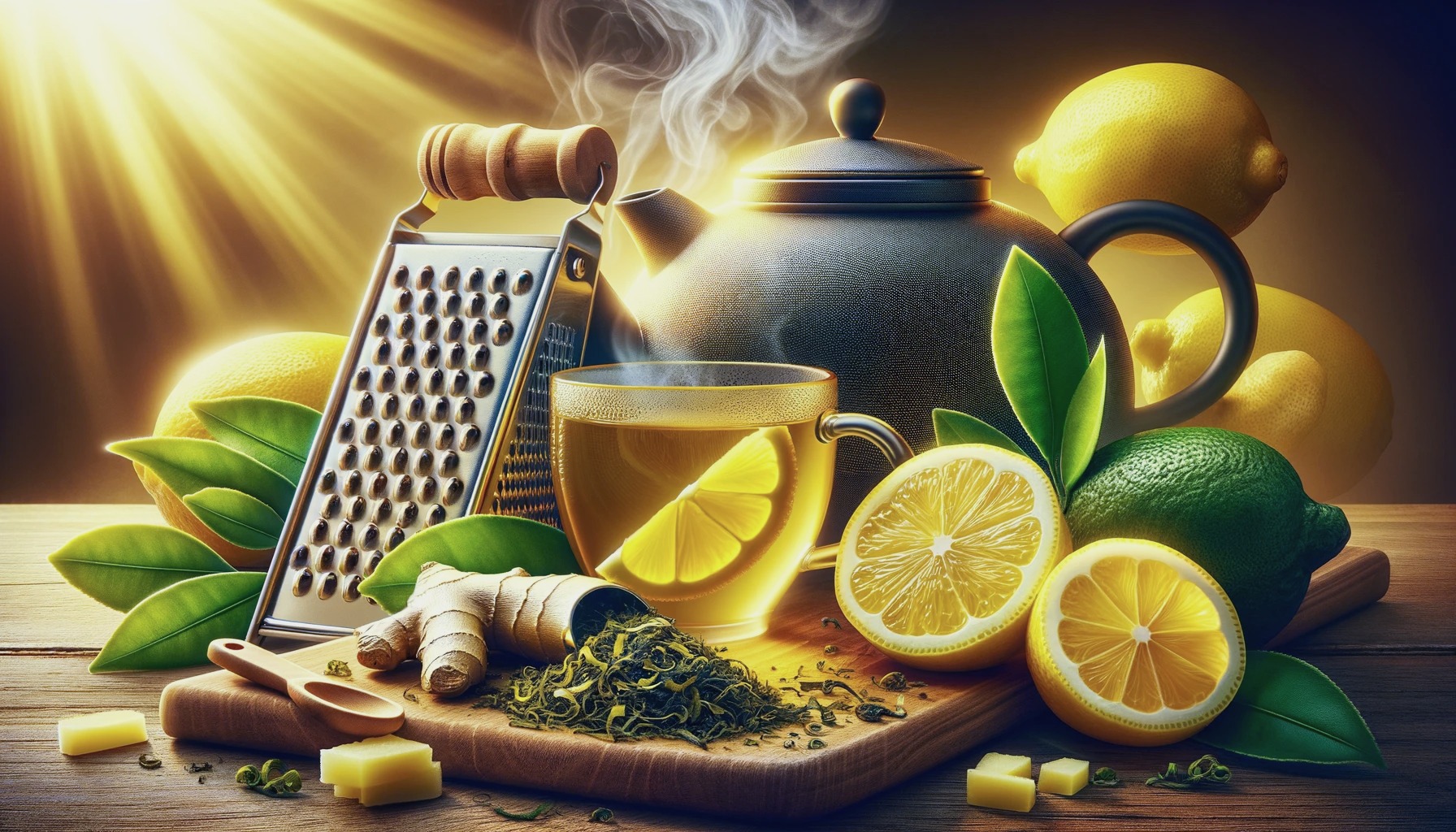 Steaming teapot, lemon tea, lemon slices, ginger, grater, and tea leaves on a wooden board.