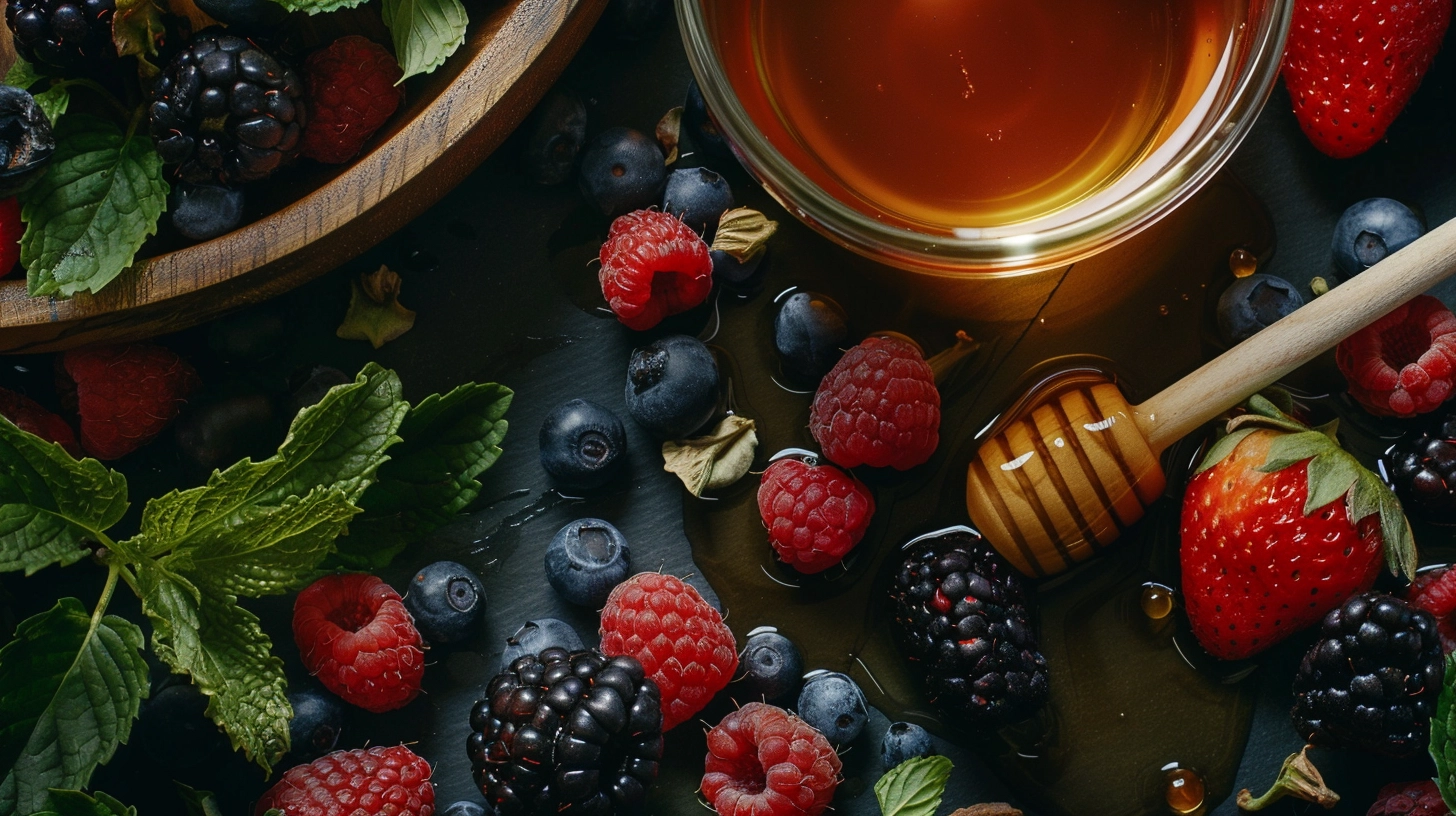 Assorted berries with honey and mint leaves on a dark surface.