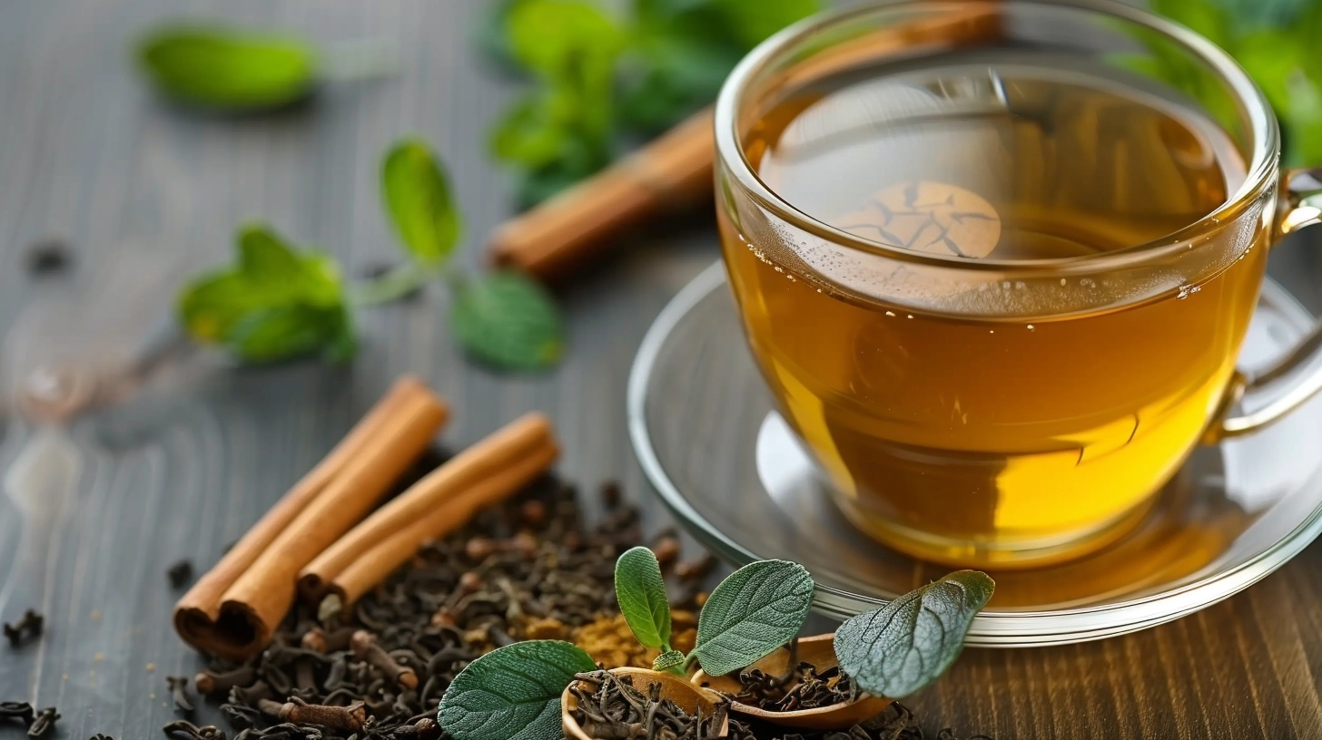 Glass cup of herbal tea with cinnamon sticks, loose tea leaves, and fresh mint on a wooden table.
