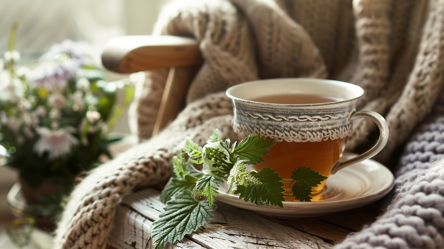 Cozy setting with a cup of herbal tea on a wooden table, surrounded by a knitted blanket and fresh leaves.