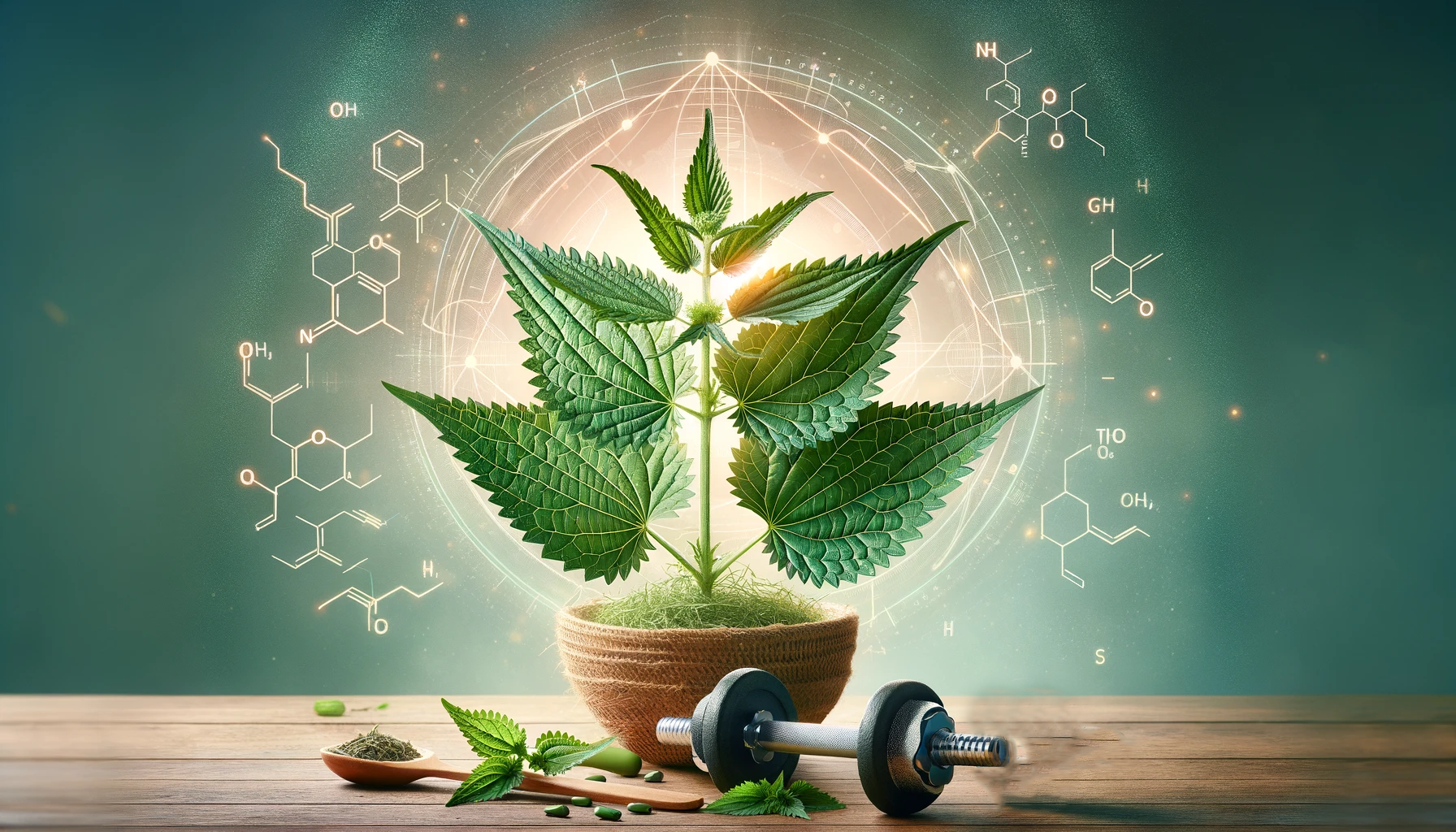 Nettle plant with glowing geometric patterns, surrounded by chemical formulas, dumbbell, and nettle powder.