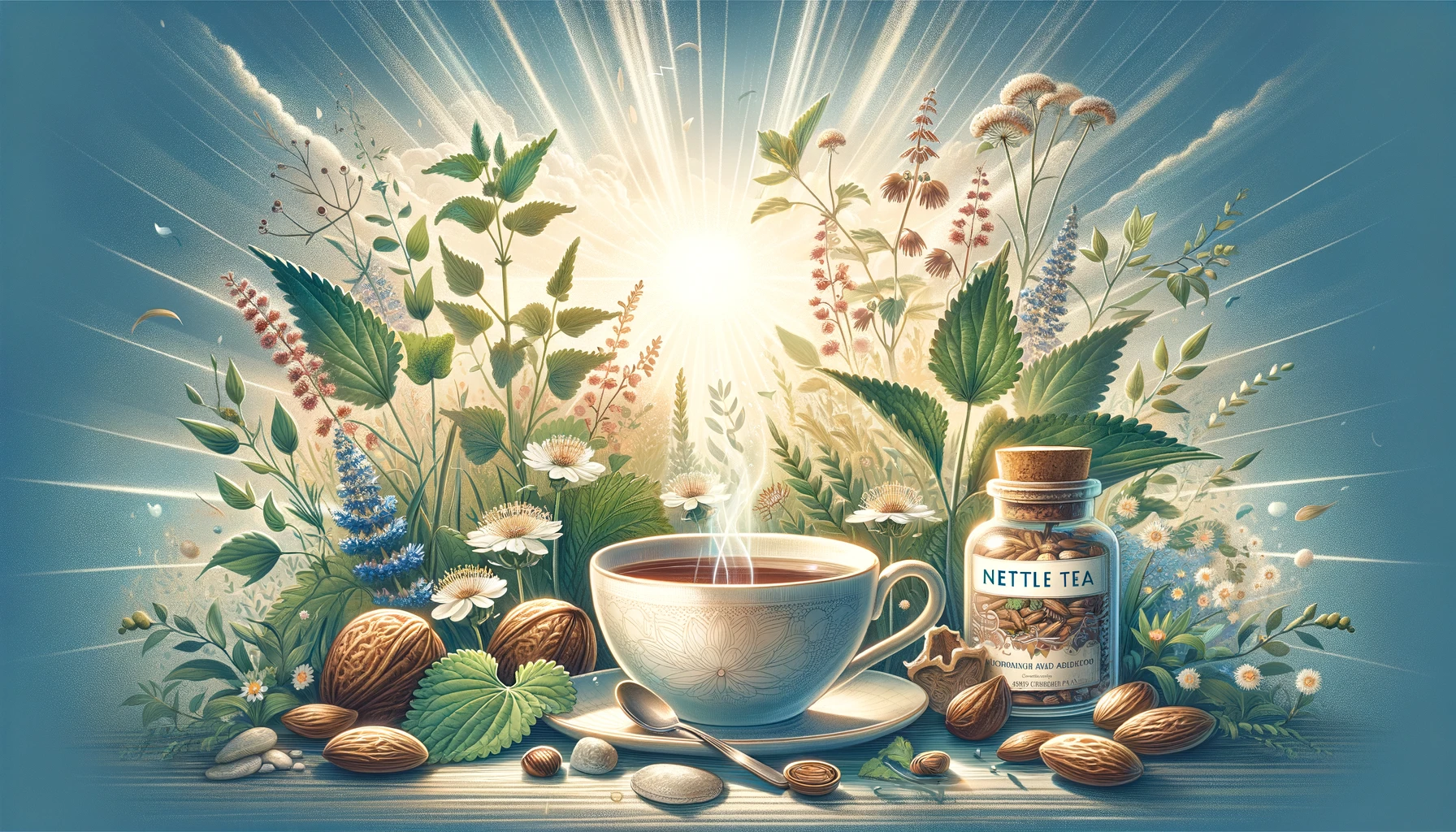 Steaming cup of nettle tea surrounded by herbs, nuts, and a bright sunburst.