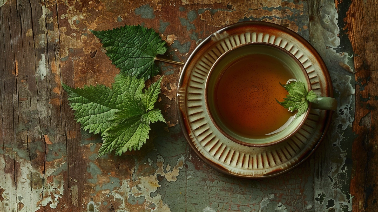 A cup of tea on a rustic surface with green leaves beside it.