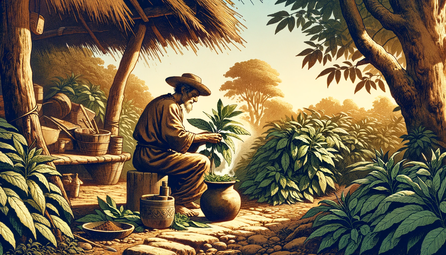 A person in rustic attire prepares herbal tea leaves outdoors under a thatched roof at sunrise.