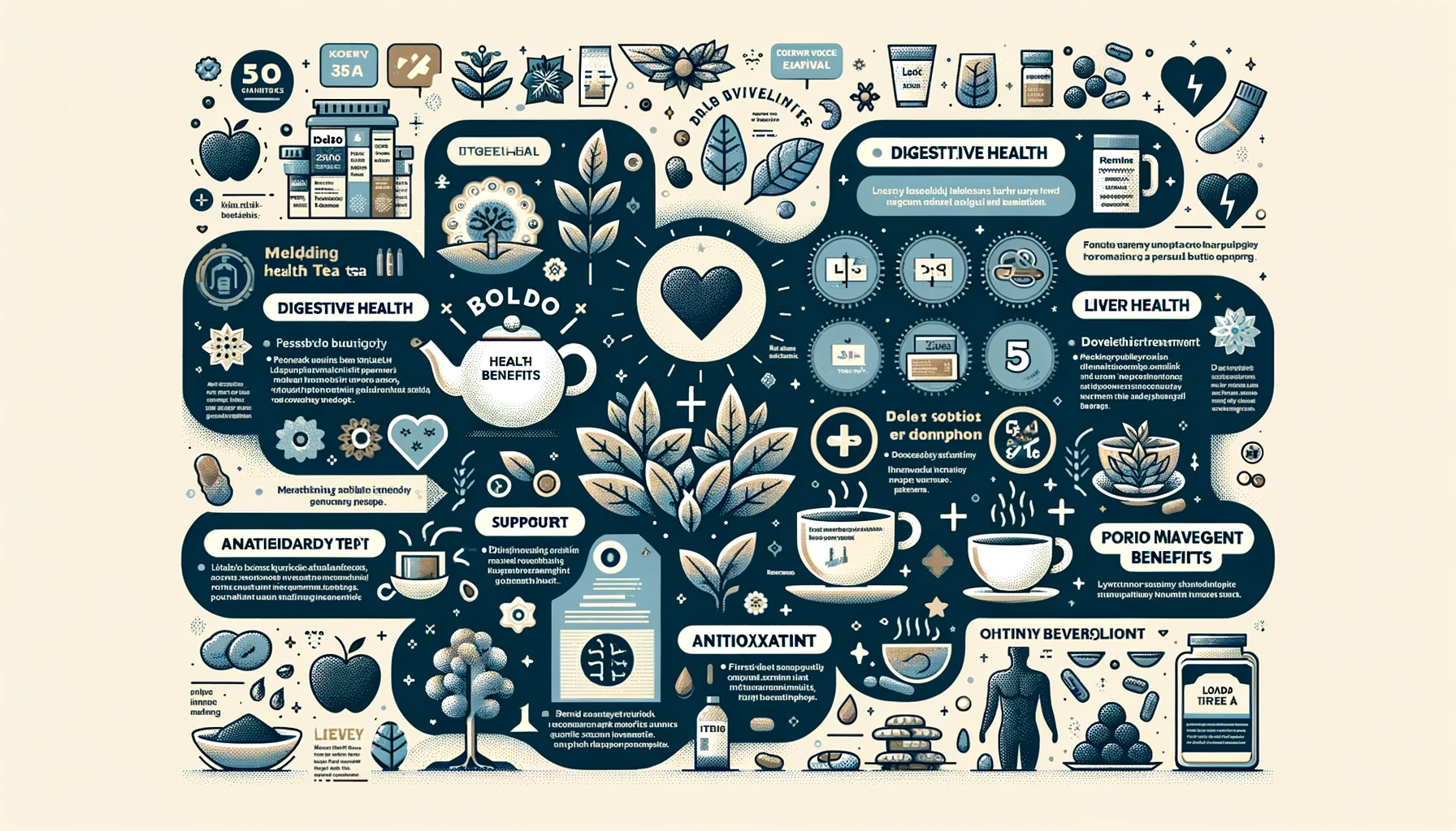 Infographic on tea's health benefits, featuring digestive health, antioxidants, and liver support.