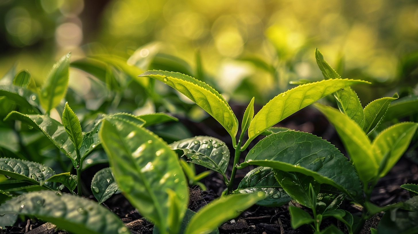 Vibrant green tea leaves with morning dew in a sunlit garden.
