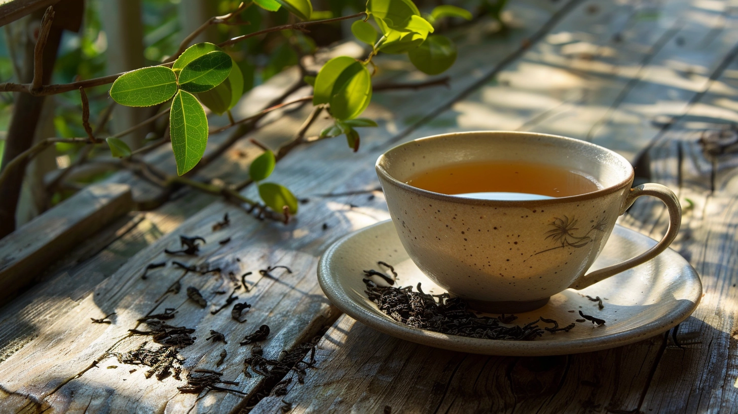 Cup of tea on a wooden table with loose tea leaves and green foliage.