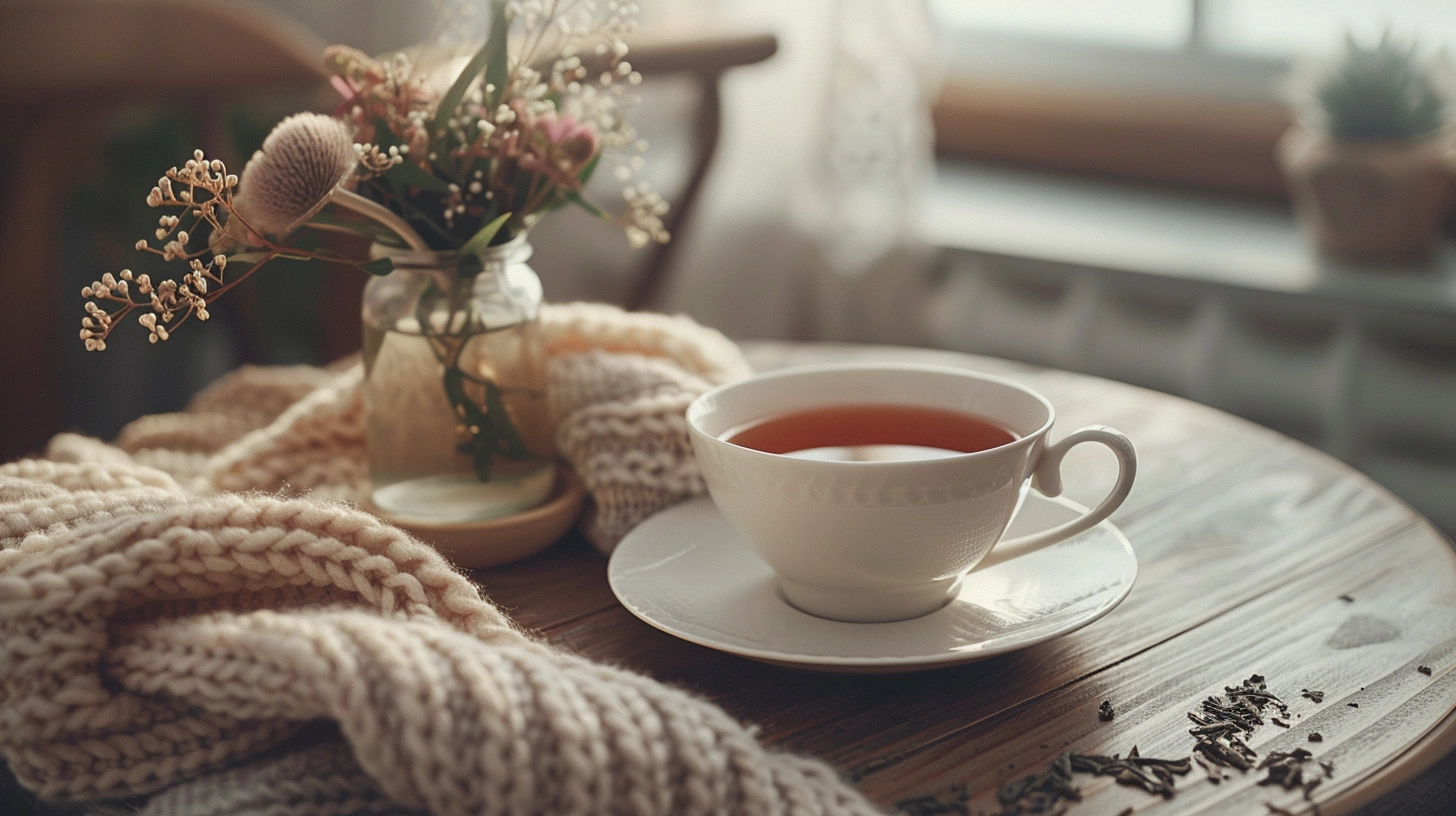 Cozy tea setting with a white cup, saucer, knit scarf, and flowers on a wooden table.