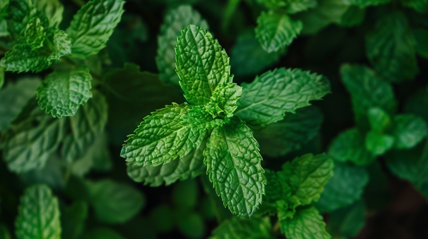 Close-up of fresh green mint leaves.
