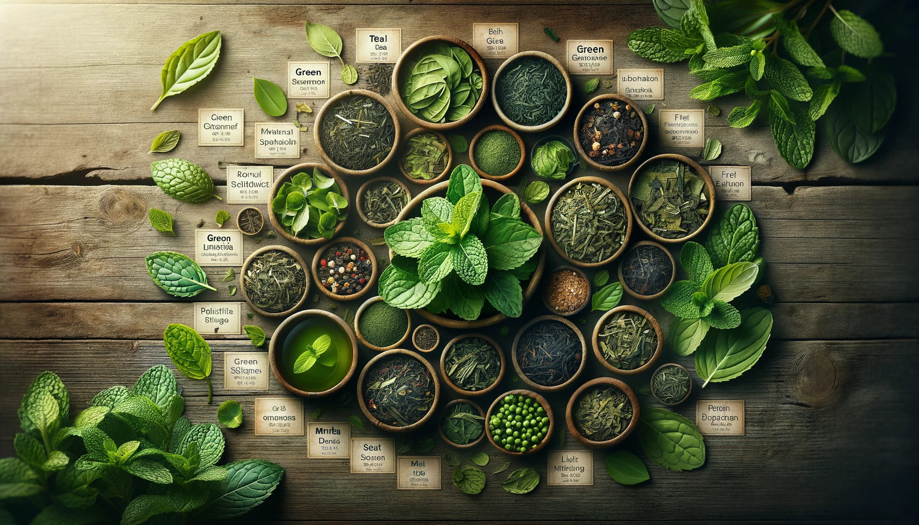 Assorted tea leaves and herbs in bowls on a wooden table, labeled with names.