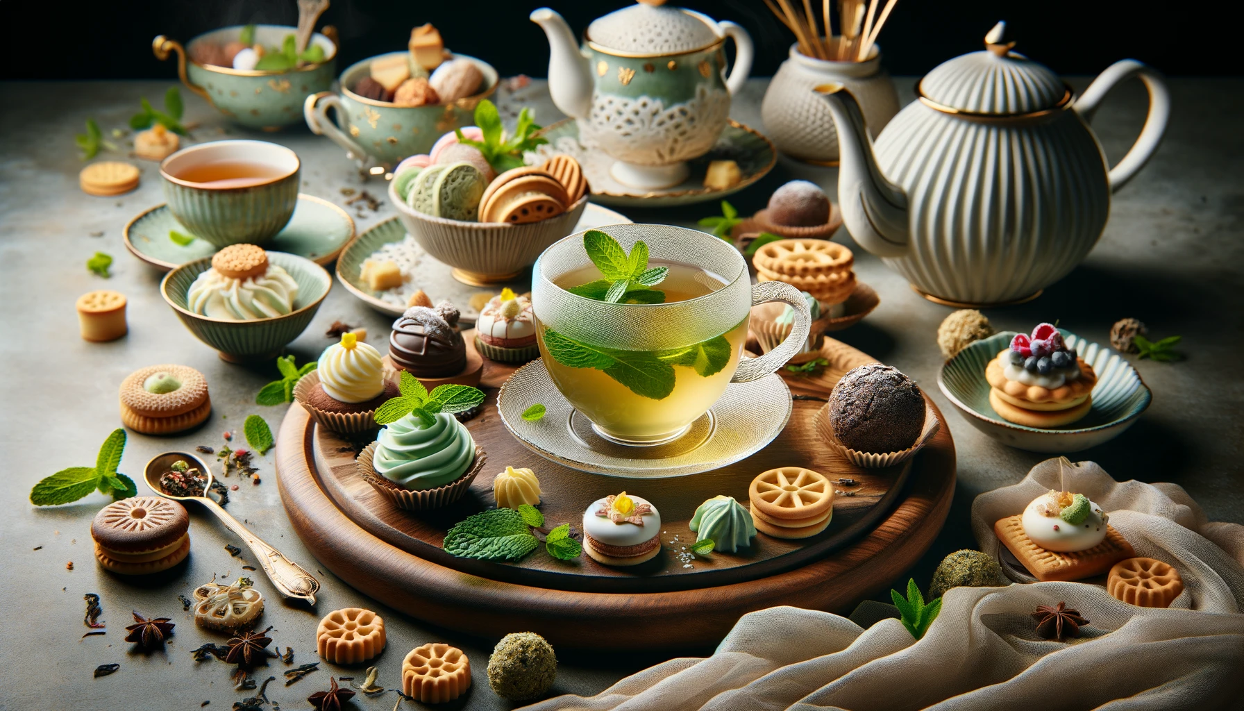 Assorted teas and pastries with mint leaves, teapots, and cups on a wooden tray.