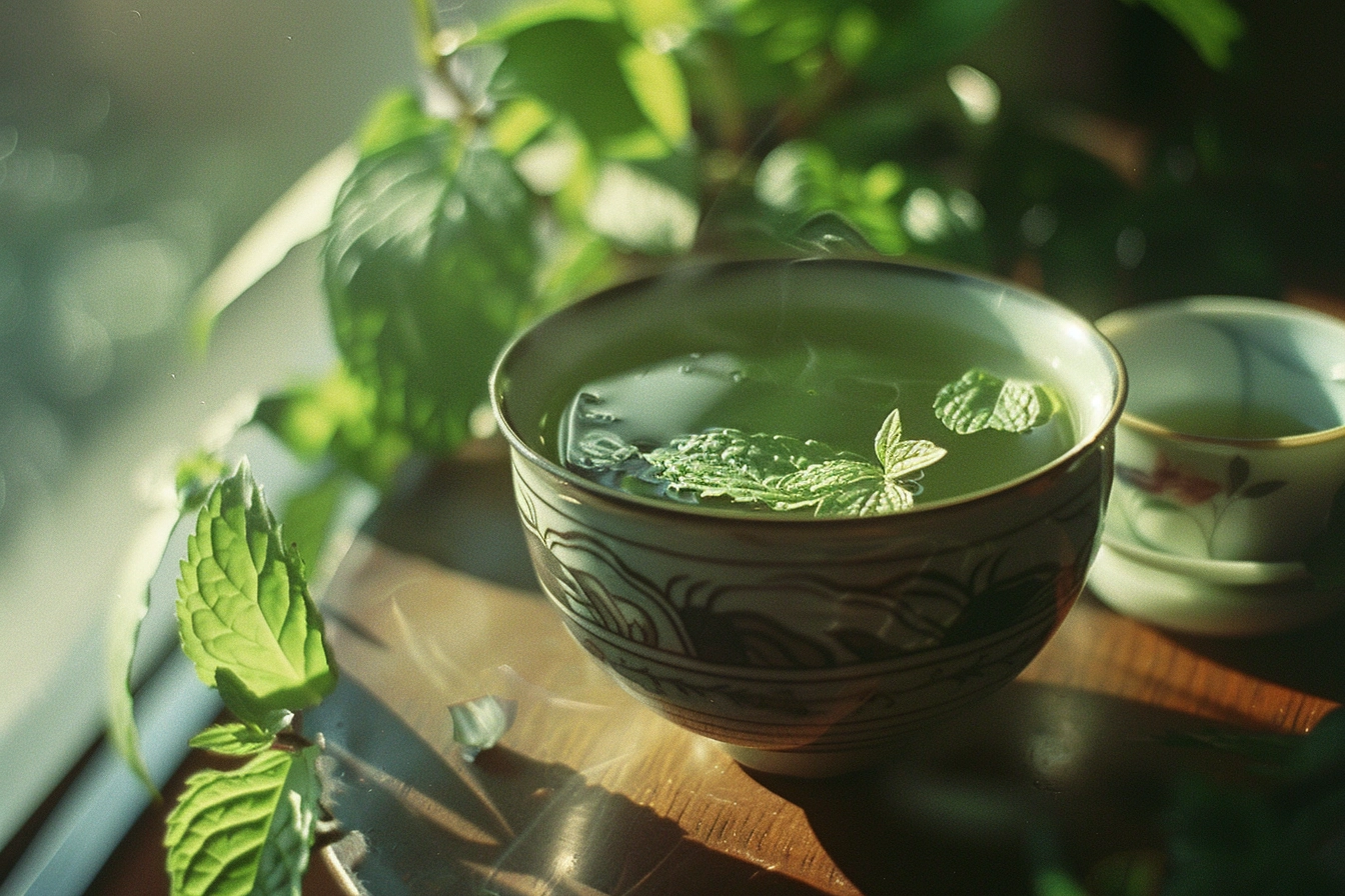 Sunlit cup of green tea with mint leaves, surrounded by fresh mint on a wooden table.