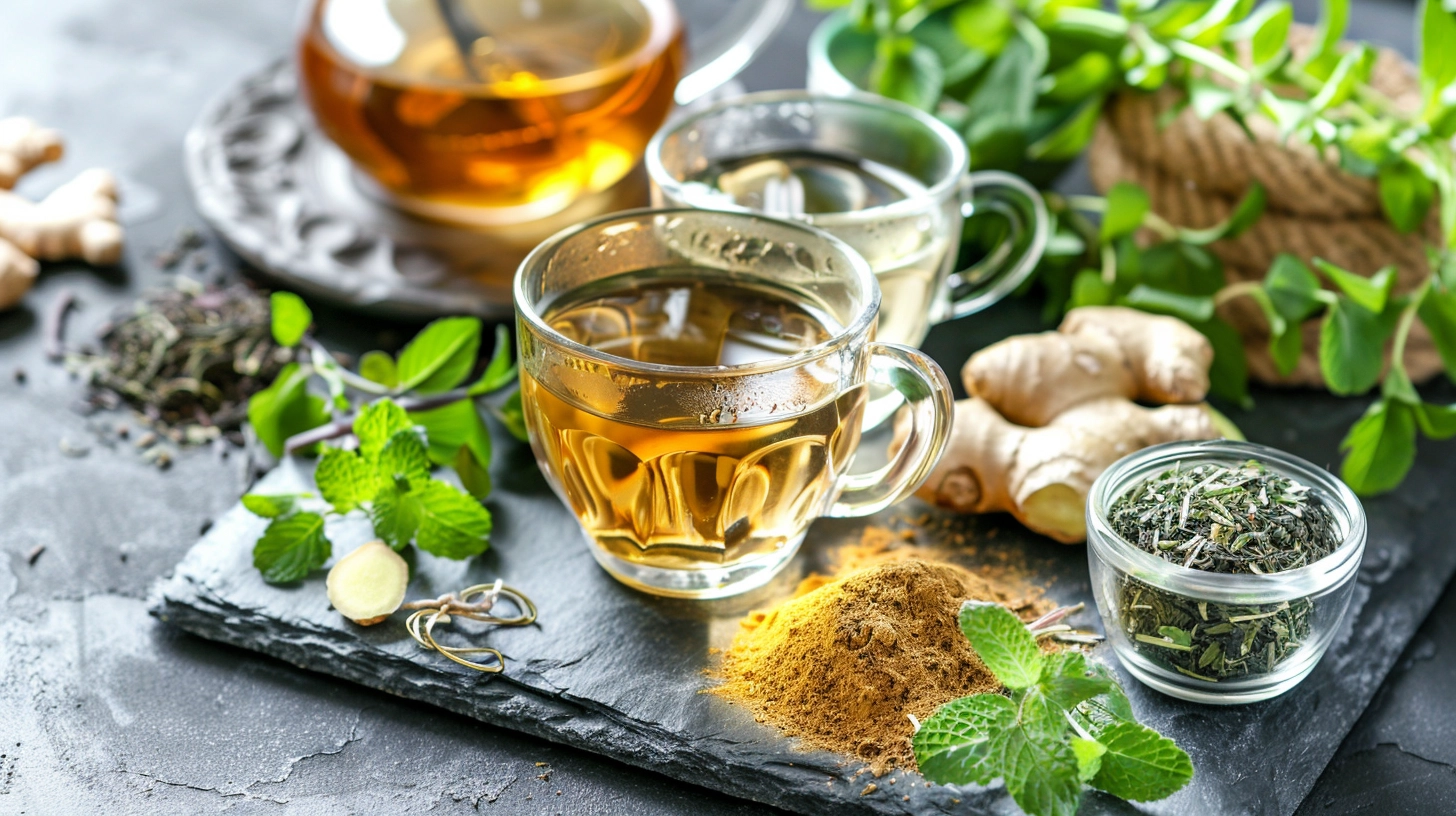 Herbal tea assortment with fresh ginger, mint, and loose leaves on a slate tray.