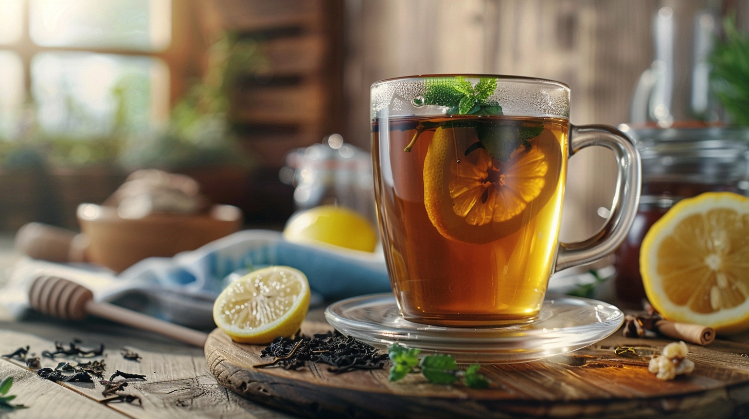 Glass cup of tea with lemon and mint on a wooden table, surrounded by tea leaves and lemon slices.