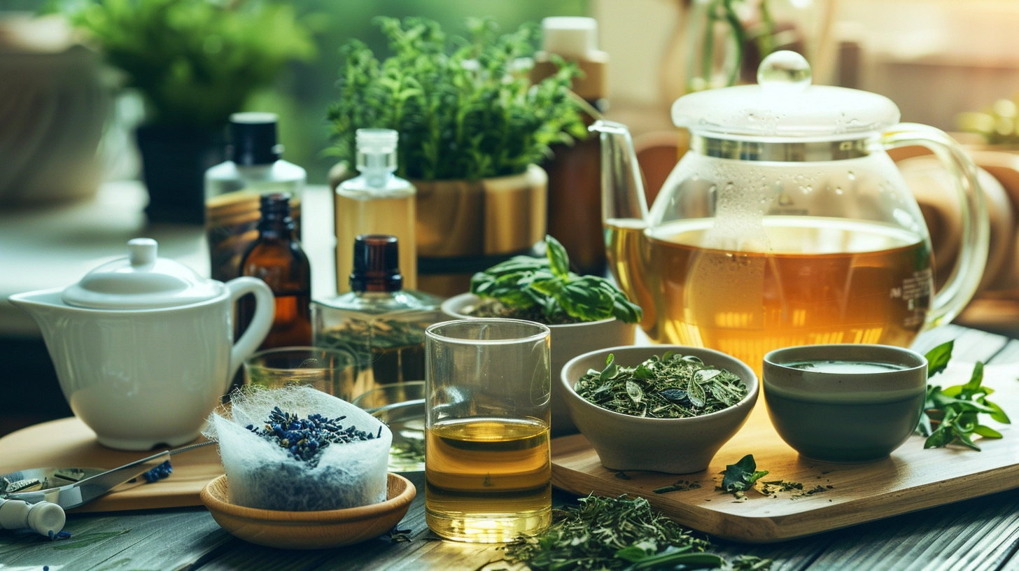 Herbal tea setup with glass teapot, herbs, and essential oils on a wooden table.