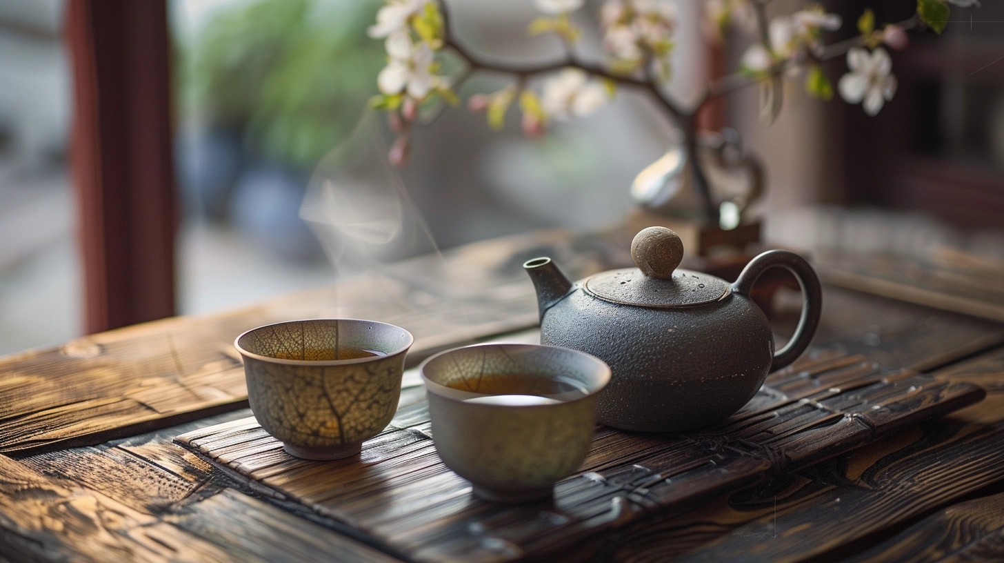Steaming tea in cups with a teapot on a wooden table, cherry blossoms in the background.