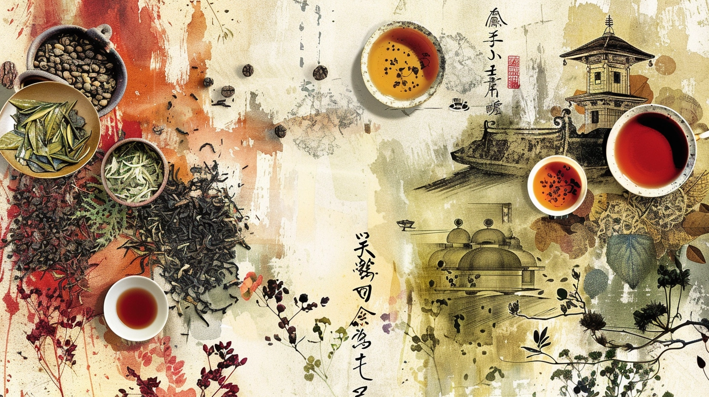 Assorted teas and herbs with traditional Asian art and calligraphy background.